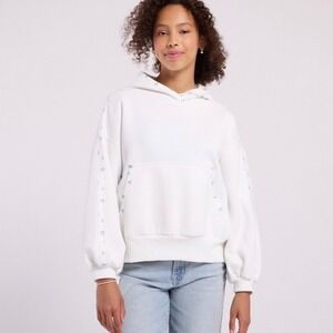 Paper Moon White Floral Trim Hoodie Sweatshirt Small Puff Sleeve Balloon Sleeve